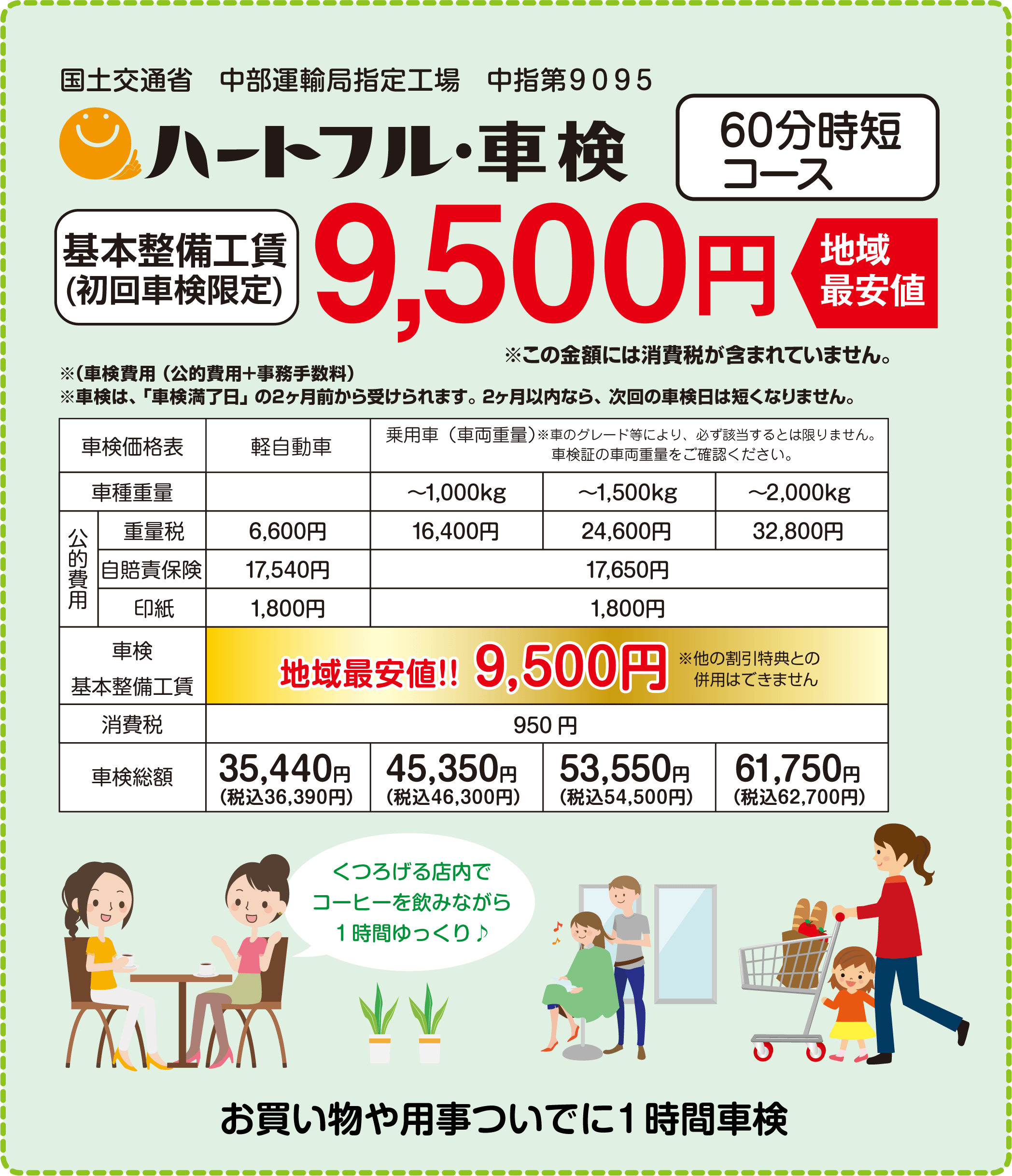 愛知県小牧市のハートフル車検|地域最安値9,500円で格安車検。60分時短で軽自動車から普通車まで対応、買い物ついでに便利な指定工場。